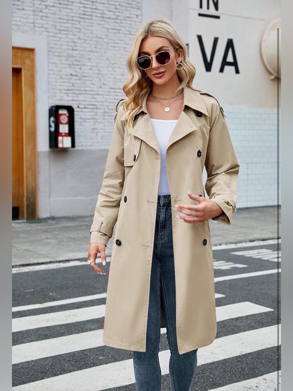 Classic Women's Double Breasted Long Trench Coat Khaki Slim Fit - Picture 3 of 7